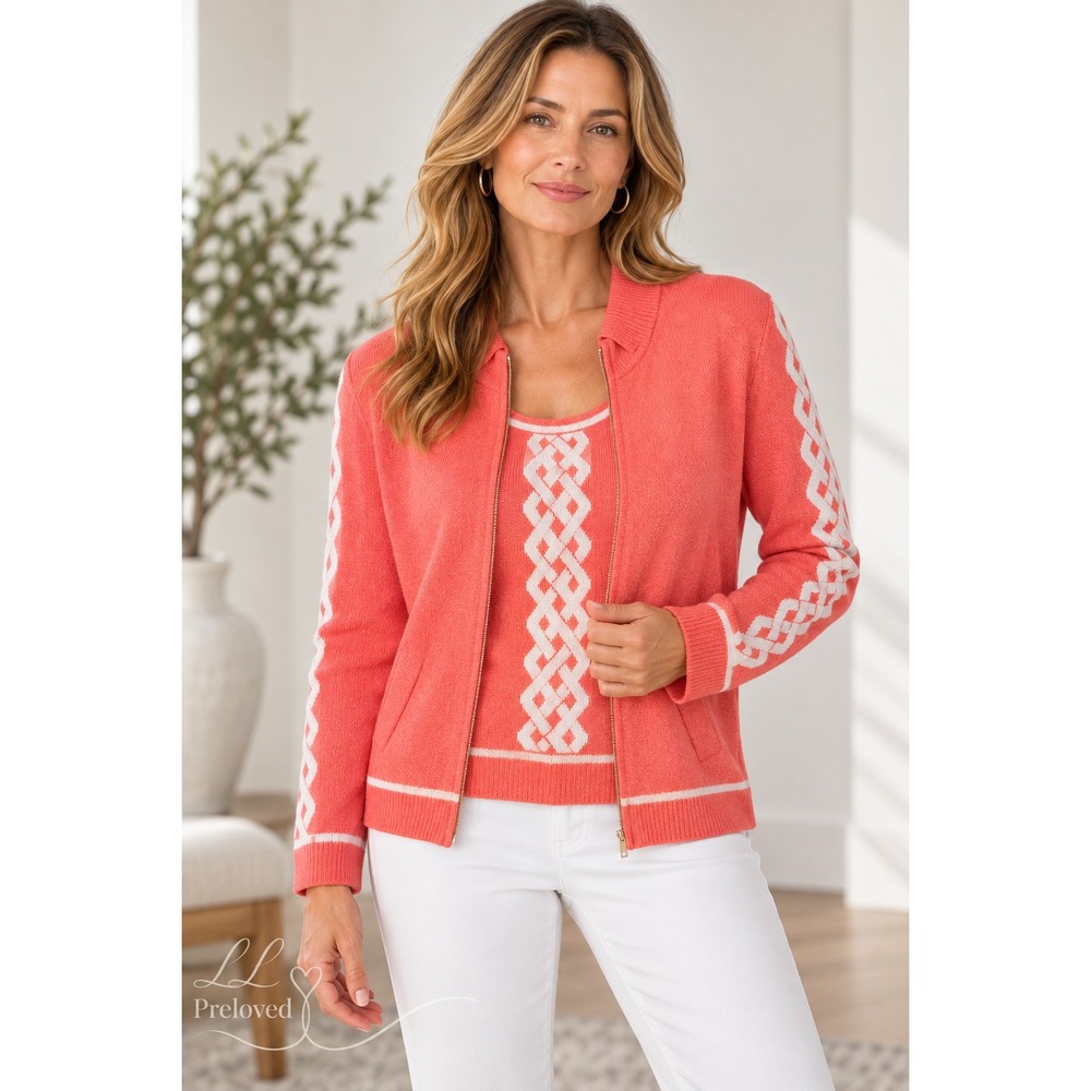 St. John Sport Cardigan Shell Set Womens L Coral Pink Knit Zip Up Geometric